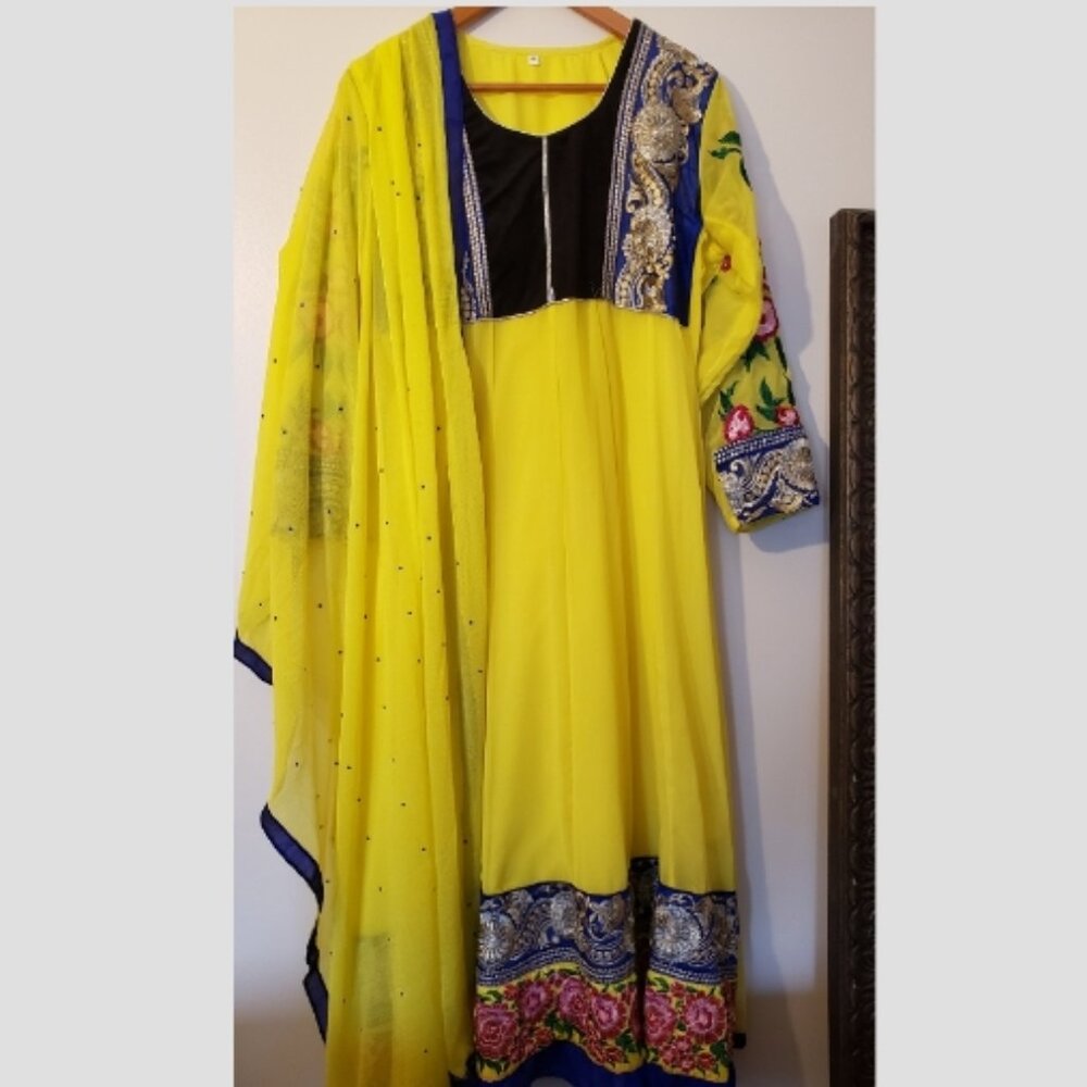 Gorgeous Yellow and Blue Long Chudidar Anarkali (Indian wear)